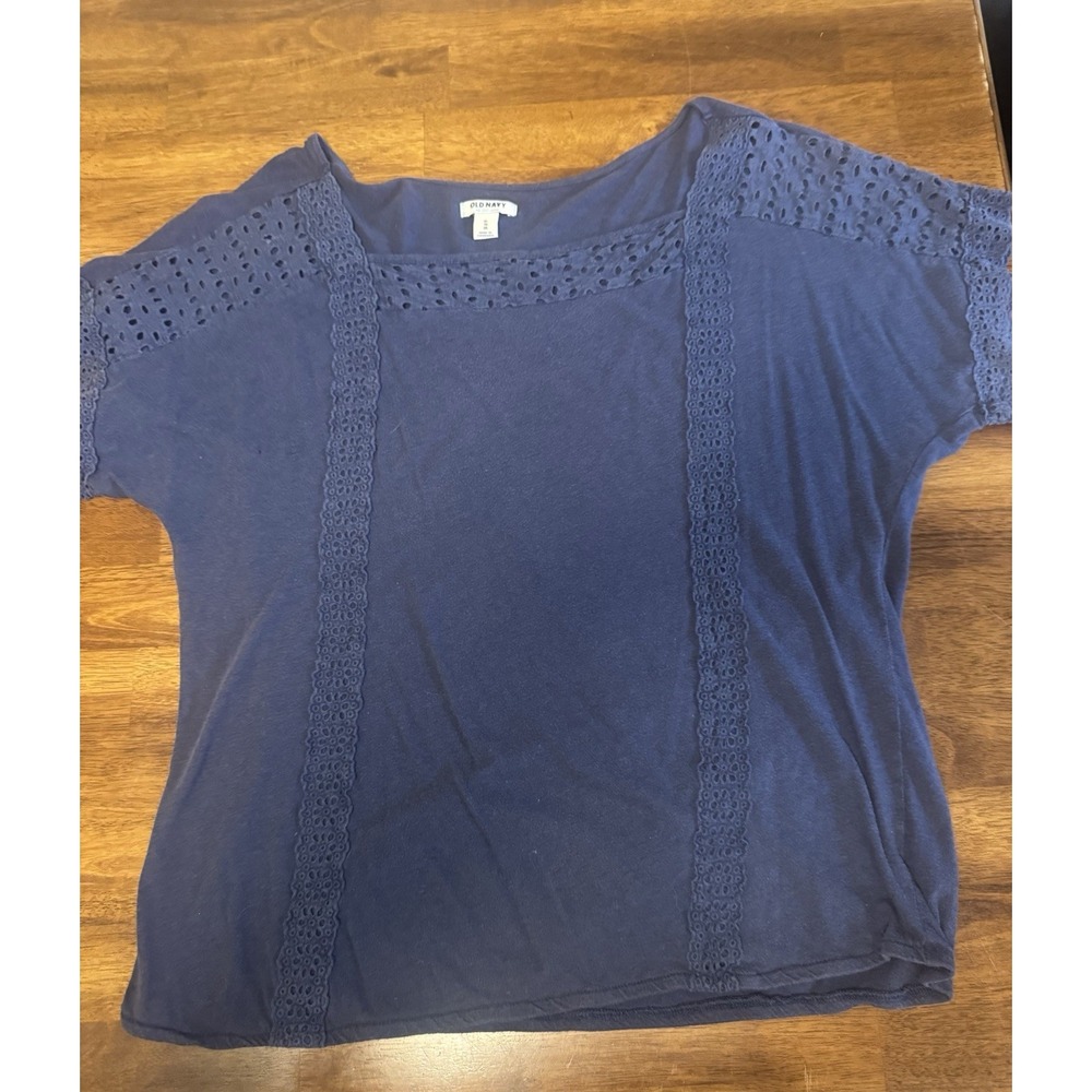 Old Navy Women's Blue Solid Cotton Knit Scoop Neck Lace Trim Top XL